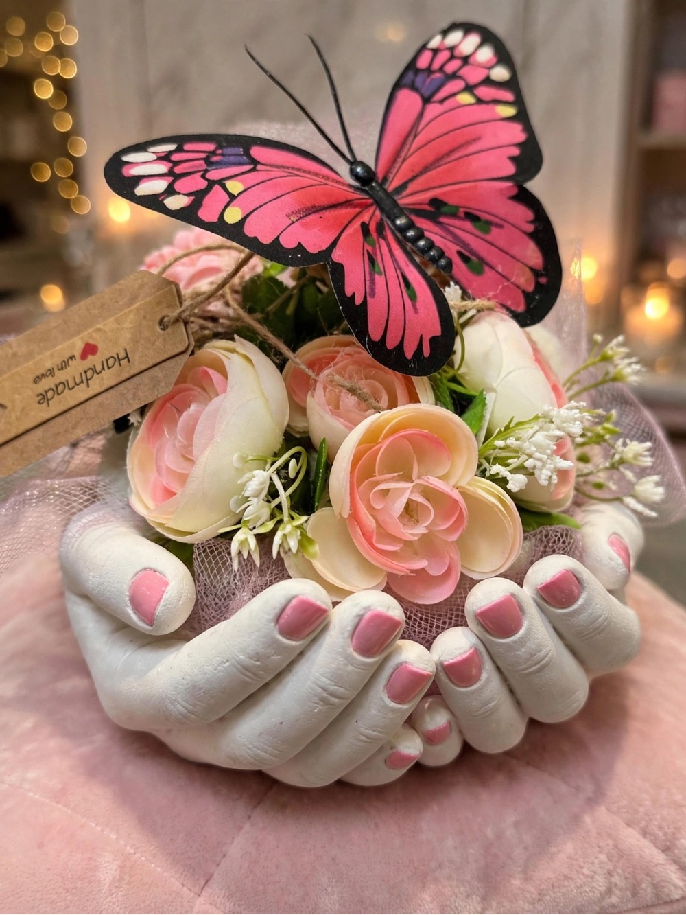 Handmade Hands Vase Sculpture with Roses & Butterfly - Boho Chic Jewelry Holder